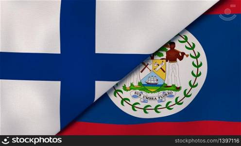 Two states flags of Finland and Belize. High quality business background. 3d illustration. The flags of Finland and Belize. News, reportage, business background. 3d illustration