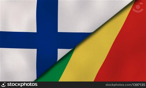 Two states flags of Finland and Congo. High quality business background. 3d illustration. The flags of Finland and Congo. News, reportage, business background. 3d illustration