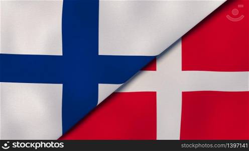 Two states flags of Finland and Denmark. High quality business background. 3d illustration. The flags of Finland and Denmark. News, reportage, business background. 3d illustration
