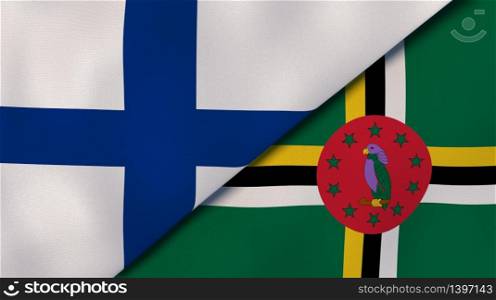 Two states flags of Finland and Dominica. High quality business background. 3d illustration. The flags of Finland and Dominica. News, reportage, business background. 3d illustration