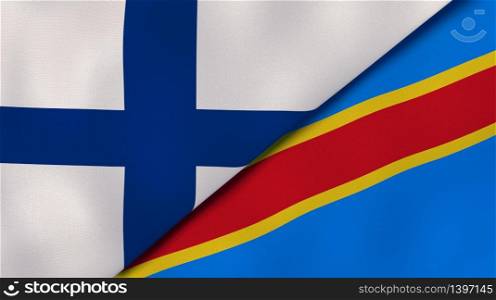 Two states flags of Finland and DR Congo. High quality business background. 3d illustration. The flags of Finland and DR Congo. News, reportage, business background. 3d illustration