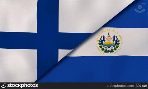 Two states flags of Finland and El Salvador. High quality business background. 3d illustration. The flags of Finland and El Salvador. News, reportage, business background. 3d illustration