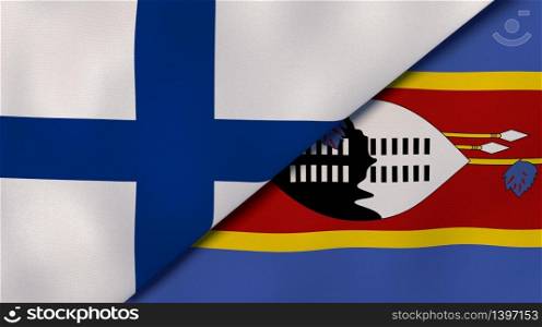 Two states flags of Finland and Eswatini. High quality business background. 3d illustration. The flags of Finland and Eswatini. News, reportage, business background. 3d illustration
