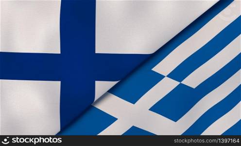 Two states flags of Finland and Greece. High quality business background. 3d illustration. The flags of Finland and Greece. News, reportage, business background. 3d illustration
