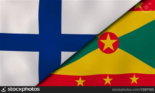 Two states flags of Finland and Grenada. High quality business background. 3d illustration. The flags of Finland and Grenada. News, reportage, business background. 3d illustration