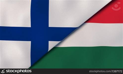 Two states flags of Finland and Hungary. High quality business background. 3d illustration. The flags of Finland and Hungary. News, reportage, business background. 3d illustration