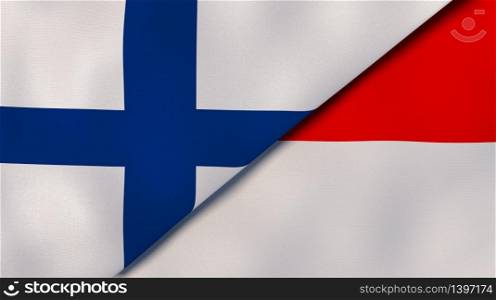 Two states flags of Finland and Indonesia. High quality business background. 3d illustration. The flags of Finland and Indonesia. News, reportage, business background. 3d illustration