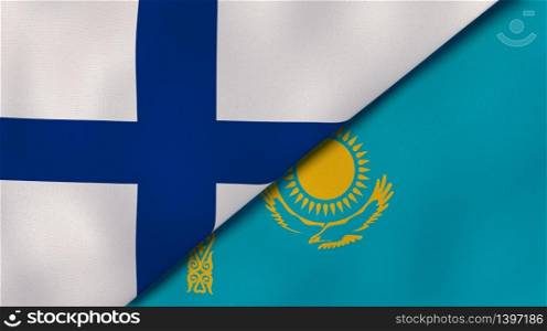 Two states flags of Finland and Kazakhstan. High quality business background. 3d illustration. The flags of Finland and Kazakhstan. News, reportage, business background. 3d illustration
