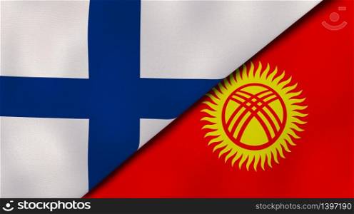 Two states flags of Finland and Kyrgyzstan. High quality business background. 3d illustration. The flags of Finland and Kyrgyzstan. News, reportage, business background. 3d illustration