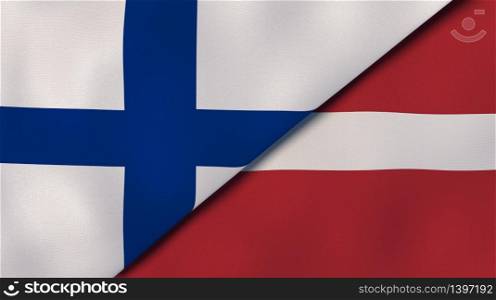 Two states flags of Finland and Latvia. High quality business background. 3d illustration. The flags of Finland and Latvia. News, reportage, business background. 3d illustration