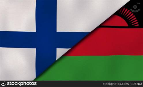 Two states flags of Finland and Malawi. High quality business background. 3d illustration. The flags of Finland and Malawi. News, reportage, business background. 3d illustration
