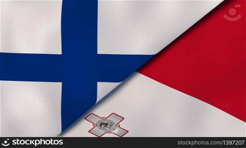 Two states flags of Finland and Malta. High quality business background. 3d illustration. The flags of Finland and Malta. News, reportage, business background. 3d illustration