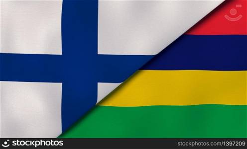 Two states flags of Finland and Mauritius. High quality business background. 3d illustration. The flags of Finland and Mauritius. News, reportage, business background. 3d illustration