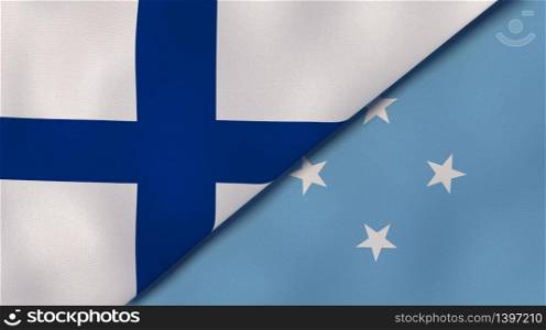 Two states flags of Finland and Micronesia. High quality business background. 3d illustration. The flags of Finland and Micronesia. News, reportage, business background. 3d illustration