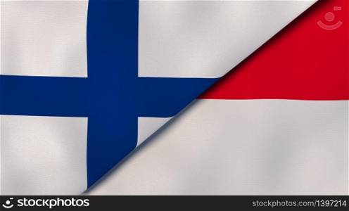 Two states flags of Finland and Monaco. High quality business background. 3d illustration. The flags of Finland and Monaco. News, reportage, business background. 3d illustration