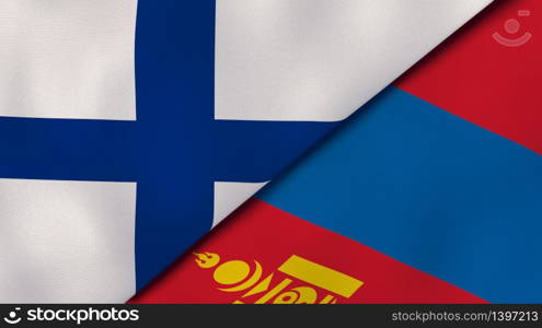 Two states flags of Finland and Mongolia. High quality business background. 3d illustration. The flags of Finland and Mongolia. News, reportage, business background. 3d illustration