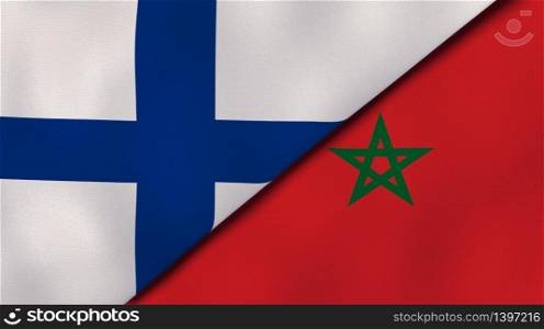 Two states flags of Finland and Morocco. High quality business background. 3d illustration. The flags of Finland and Morocco. News, reportage, business background. 3d illustration
