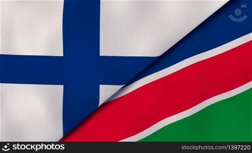 Two states flags of Finland and Namibia. High quality business background. 3d illustration. The flags of Finland and Namibia. News, reportage, business background. 3d illustration