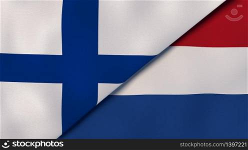 Two states flags of Finland and Netherlands. High quality business background. 3d illustration. The flags of Finland and Netherlands. News, reportage, business background. 3d illustration