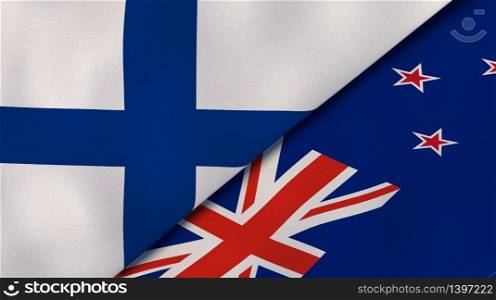 Two states flags of Finland and New Zealand. High quality business background. 3d illustration. The flags of Finland and New Zealand. News, reportage, business background. 3d illustration