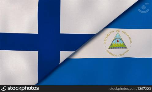 Two states flags of Finland and Nicaragua. High quality business background. 3d illustration. The flags of Finland and Nicaragua. News, reportage, business background. 3d illustration