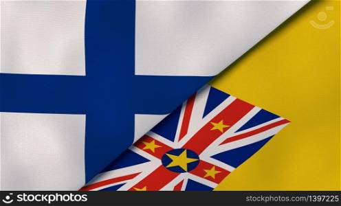 Two states flags of Finland and Niue. High quality business background. 3d illustration. The flags of Finland and Niue. News, reportage, business background. 3d illustration