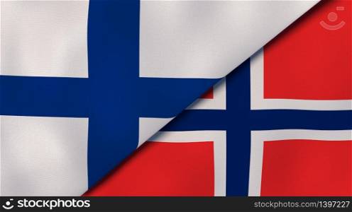 Two states flags of Finland and Norway. High quality business background. 3d illustration. The flags of Finland and Norway. News, reportage, business background. 3d illustration