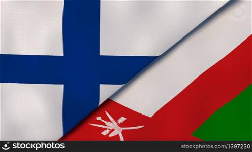 Two states flags of Finland and Oman. High quality business background. 3d illustration. The flags of Finland and Oman. News, reportage, business background. 3d illustration