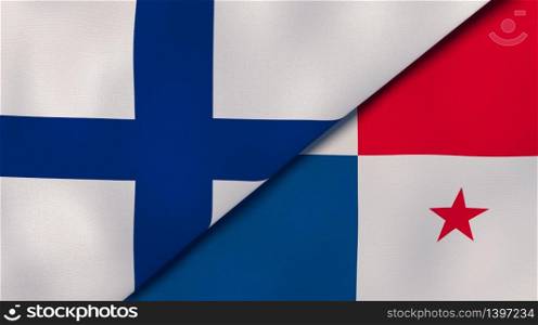 Two states flags of Finland and Panama. High quality business background. 3d illustration. The flags of Finland and Panama. News, reportage, business background. 3d illustration