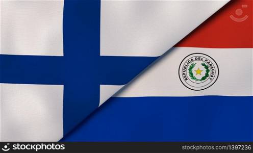 Two states flags of Finland and Paraguay. High quality business background. 3d illustration. The flags of Finland and Paraguay. News, reportage, business background. 3d illustration