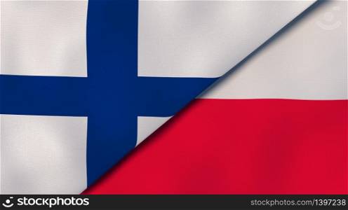 Two states flags of Finland and Poland. High quality business background. 3d illustration. The flags of Finland and Poland. News, reportage, business background. 3d illustration