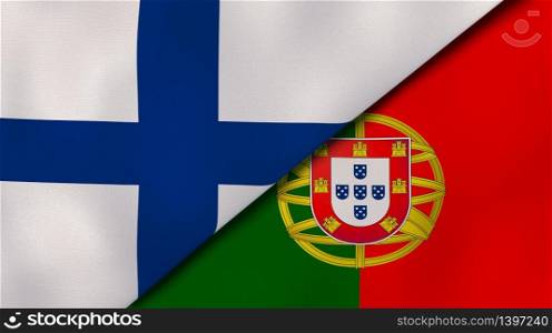 Two states flags of Finland and Portugal. High quality business background. 3d illustration. The flags of Finland and Portugal. News, reportage, business background. 3d illustration
