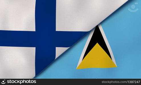 Two states flags of Finland and Saint Lucia. High quality business background. 3d illustration. The flags of Finland and Saint Lucia. News, reportage, business background. 3d illustration