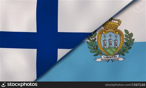 Two states flags of Finland and San Marino. High quality business background. 3d illustration. The flags of Finland and San Marino. News, reportage, business background. 3d illustration
