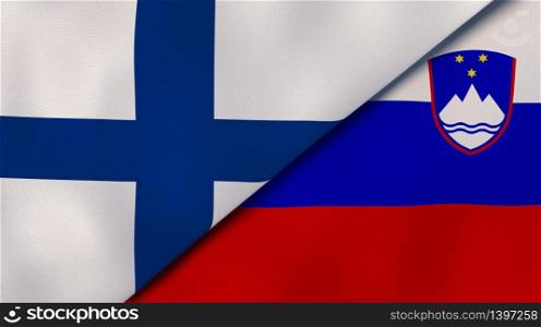 Two states flags of Finland and Slovenia. High quality business background. 3d illustration. The flags of Finland and Slovenia. News, reportage, business background. 3d illustration