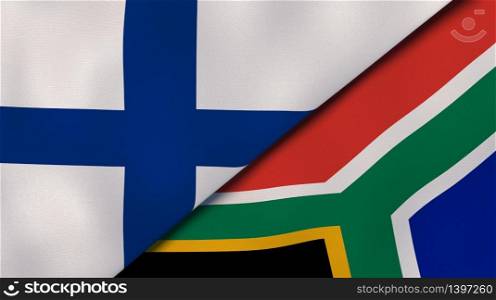 Two states flags of Finland and South Africa. High quality business background. 3d illustration. The flags of Finland and South Africa. News, reportage, business background. 3d illustration