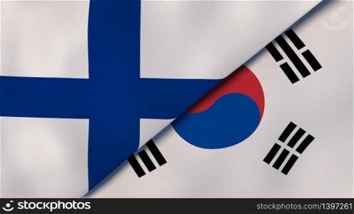 Two states flags of Finland and South Korea. High quality business background. 3d illustration. The flags of Finland and South Korea. News, reportage, business background. 3d illustration