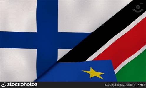 Two states flags of Finland and South Sudan. High quality business background. 3d illustration. The flags of Finland and South Sudan. News, reportage, business background. 3d illustration