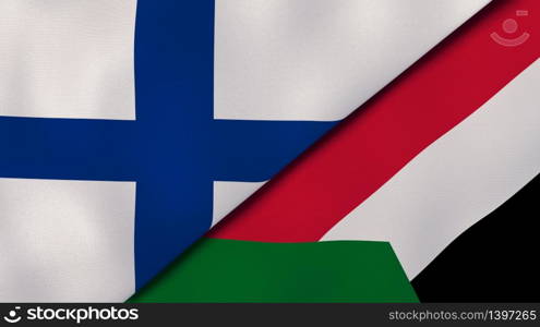 Two states flags of Finland and Sudan. High quality business background. 3d illustration. The flags of Finland and Sudan. News, reportage, business background. 3d illustration