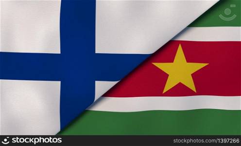 Two states flags of Finland and Suriname. High quality business background. 3d illustration. The flags of Finland and Suriname. News, reportage, business background. 3d illustration
