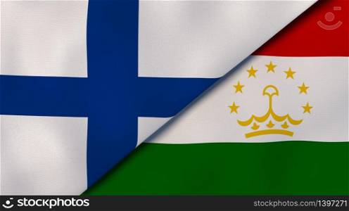 Two states flags of Finland and Tajikistan. High quality business background. 3d illustration. The flags of Finland and Tajikistan. News, reportage, business background. 3d illustration