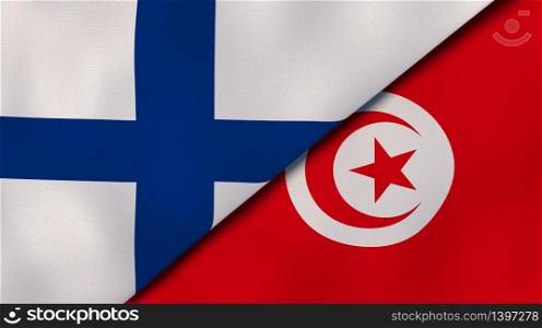 Two states flags of Finland and Tunisia. High quality business background. 3d illustration. The flags of Finland and Tunisia. News, reportage, business background. 3d illustration