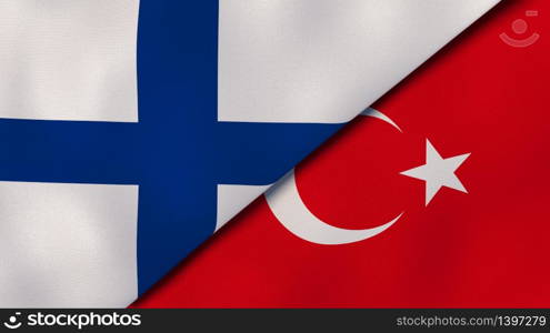 Two states flags of Finland and Turkey. High quality business background. 3d illustration. The flags of Finland and Turkey. News, reportage, business background. 3d illustration