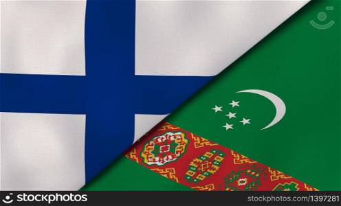 Two states flags of Finland and Turkmenistan. High quality business background. 3d illustration. The flags of Finland and Turkmenistan. News, reportage, business background. 3d illustration