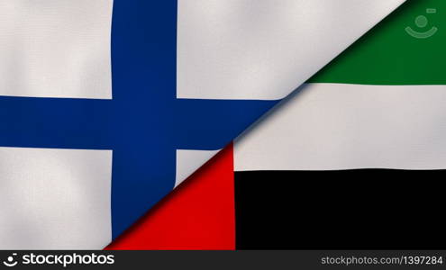 Two states flags of Finland and United Arab Emirates. High quality business background. 3d illustration. The flags of Finland and United Arab Emirates. News, reportage, business background. 3d illustration