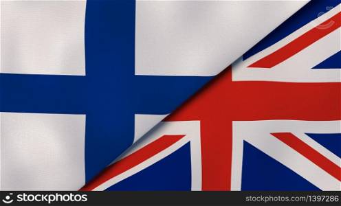 Two states flags of Finland and United Kingdom. High quality business background. 3d illustration. The flags of Finland and United Kingdom. News, reportage, business background. 3d illustration