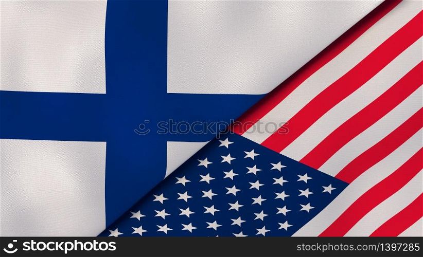 Two states flags of Finland and United States. High quality business background. 3d illustration. The flags of Finland and United States. News, reportage, business background. 3d illustration