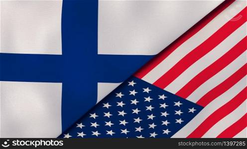 Two states flags of Finland and United States. High quality business background. 3d illustration. The flags of Finland and United States. News, reportage, business background. 3d illustration