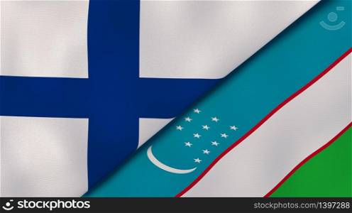 Two states flags of Finland and Uzbekistan. High quality business background. 3d illustration. The flags of Finland and Uzbekistan. News, reportage, business background. 3d illustration