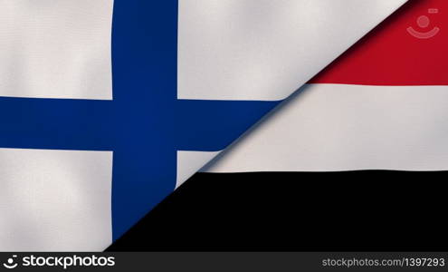 Two states flags of Finland and Yemen. High quality business background. 3d illustration. The flags of Finland and Yemen. News, reportage, business background. 3d illustration